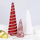 Cinnvoice 3 Pcs Christmas Cone Tree Decoration Christmas Table Decoration Various Size Tabletop Decorative Glitter Mini Tree Centerpieces Decor for Winter Home Mantel(Red White Style)