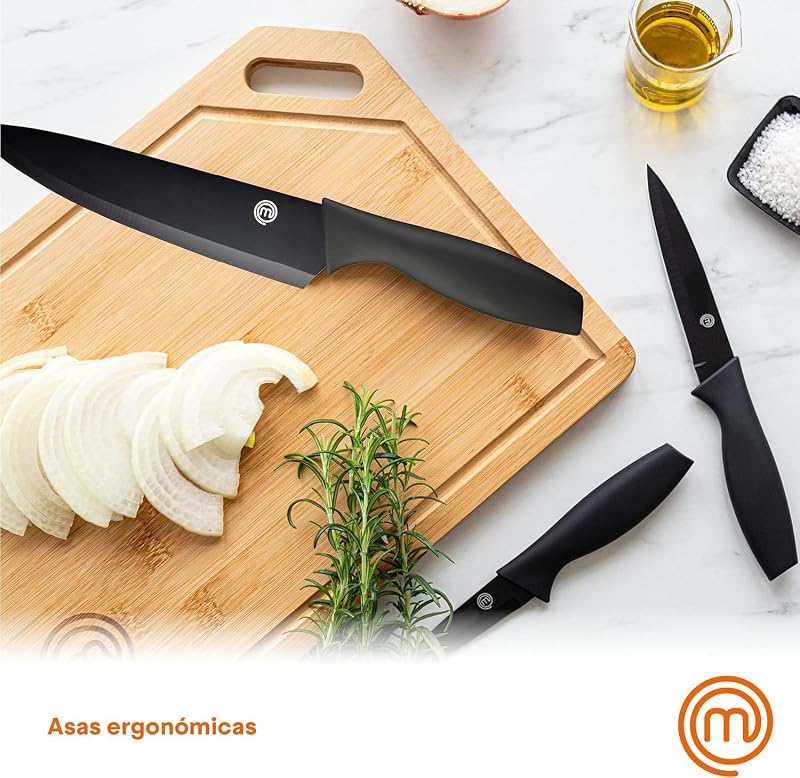 Facas de cozinha masterchef, conjunto de facas de cozinha, conjunto de facas de chef (carne, serra para pão, legumes e peixe), aço inoxidável, cabos de toque suave, multifuncional, 5 peças, preto