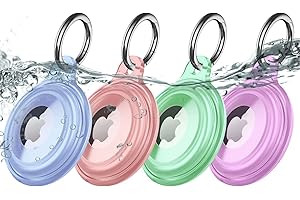 MOZOTER 4 Pack IPX8 Waterproof AirTag Keychain Holder Case, Lightweight, Anti-Scratch, Easy Installation,Soft Full-Body Shockproof Air Tag Holder for Luggage,Keys, Dog Collar (Blue+Pink+Purple+Mint Green) …