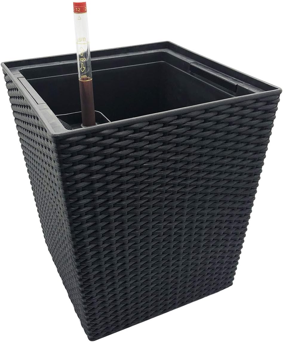 MORITIA Self Watering Planter with Wheels for Indoor and Outdoor, Wicker Design Planter Includes Water Level Indicator Gauge (10 x 10 x 14 inch)