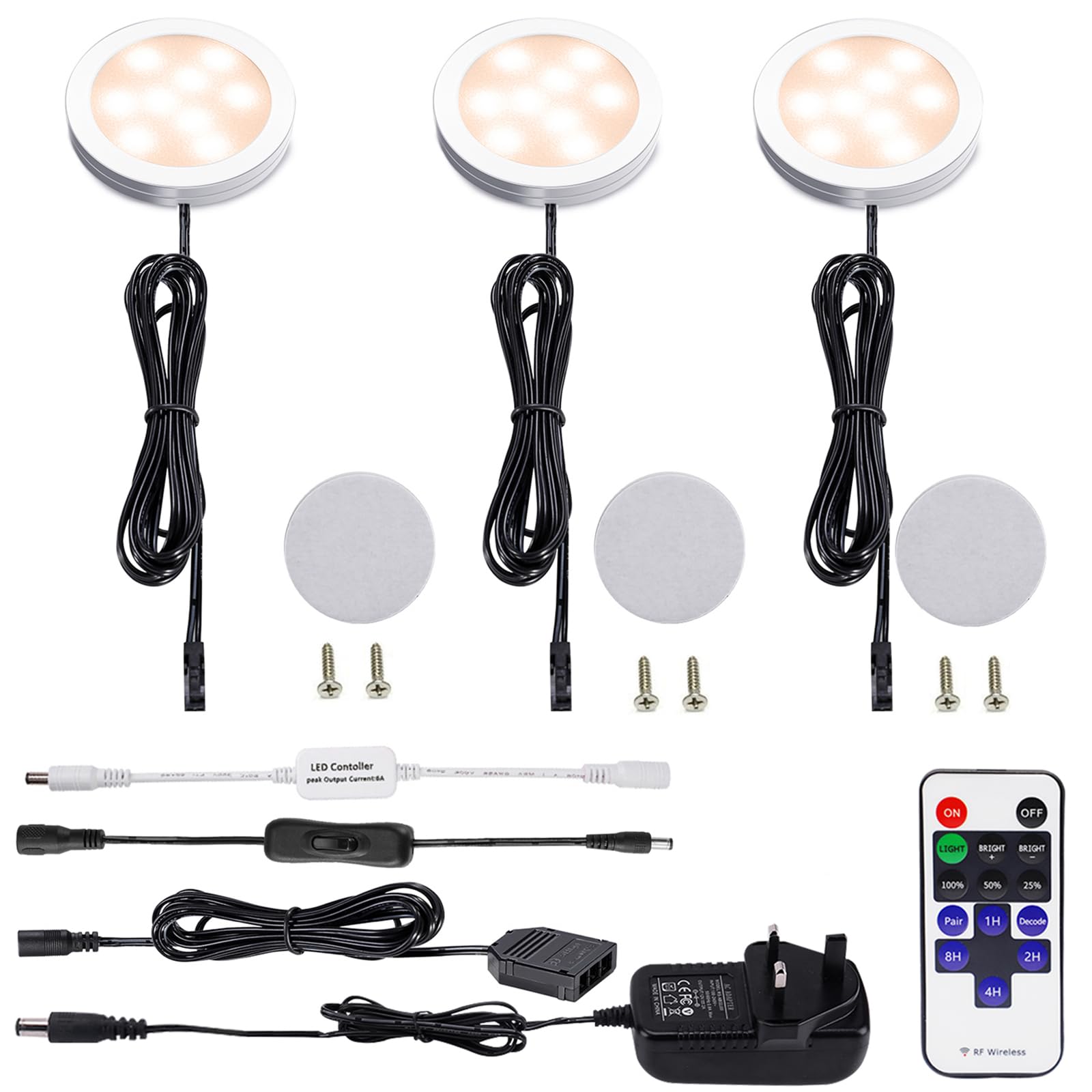 AIBOO LED Kitchen Under Cabinet Lighting Kit Dimmable with Wireless RF Remote,3 Pack Round Display 240V LED Puck Lights,6W Under Cupboard Counter Shelf Lights(Warm White 2700K) [Energy Class A+]