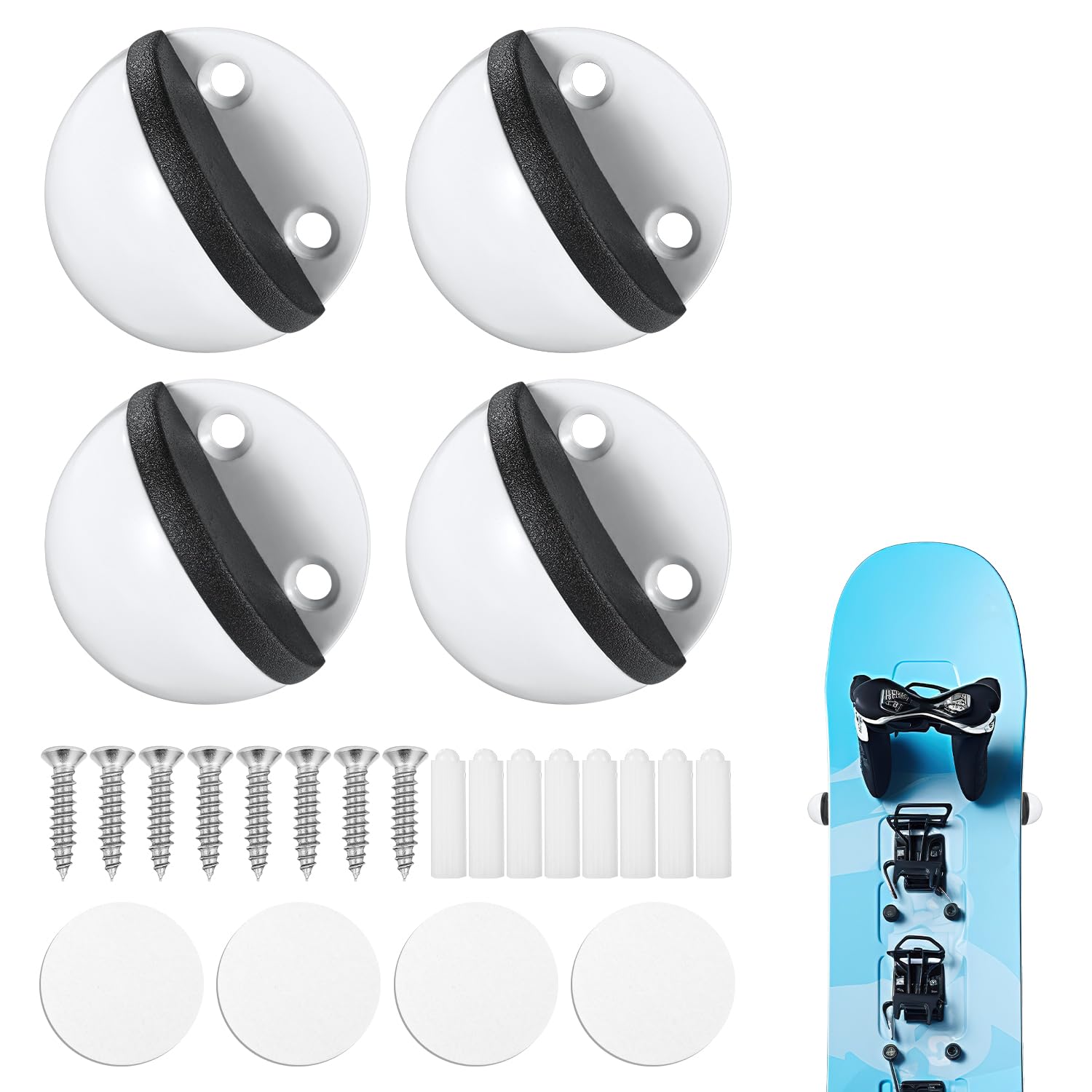 4pcs Ski and Snowboard Wall Mount Rack, Vertical Ski Hanger Holder Snowboard Storage with Screws Expansion Anchors Ski Display Bracket Accessories to Safely Store and Display Your Snow Boards (White)