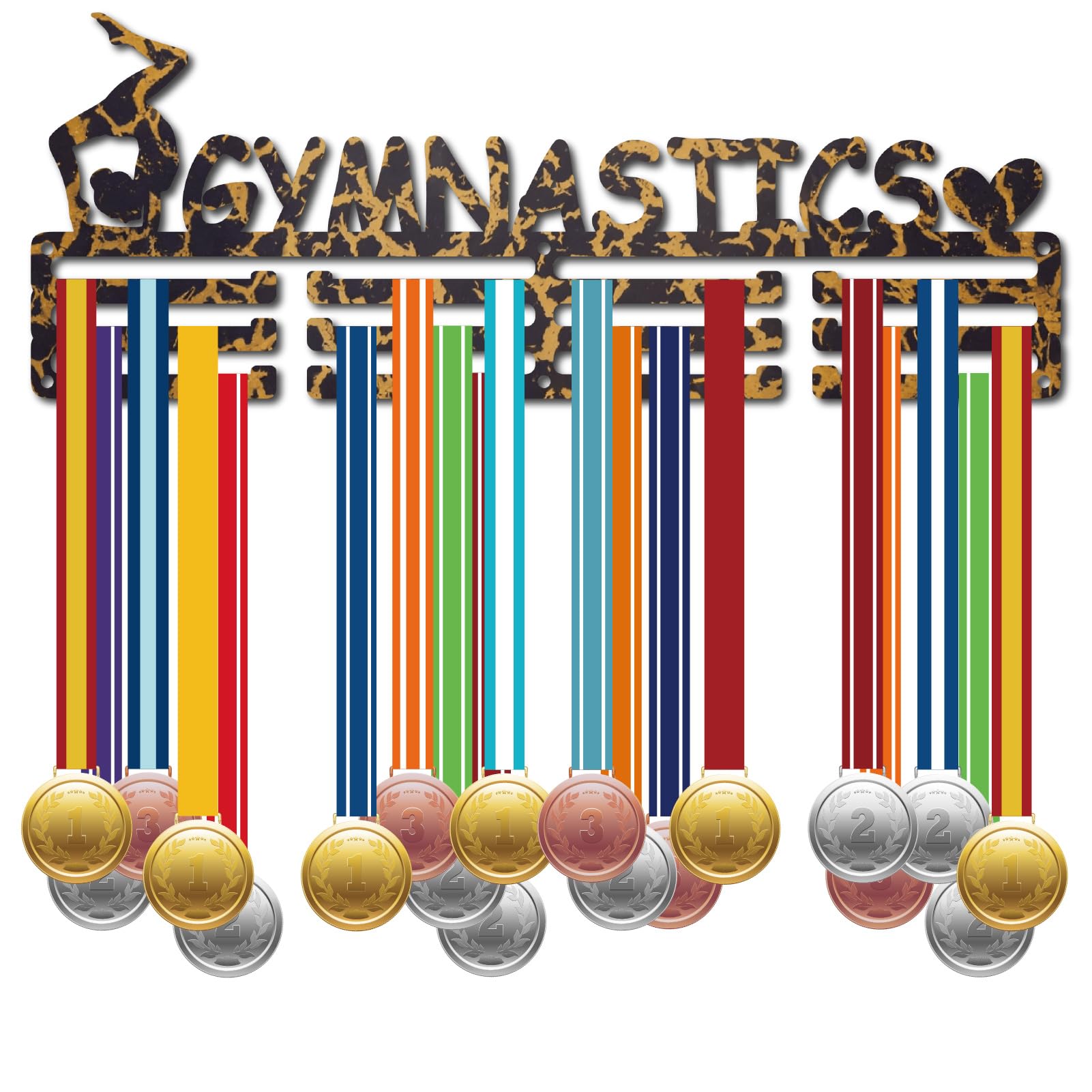 CREATCABIN Gymnastics Medals Holder Hanger Medals Display Rack Fission Leopard Pattern Metal Medal Shelf Hangers Organizer Medal Frame Wall Mounted with 12 Hooks for Award Ribbon Lanyard 15.7x6Inch