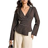 WDIRARA Women's Striped Wrap V Neck Blouse Long Sleeve Asymmetrical Shirts Dressy Tops