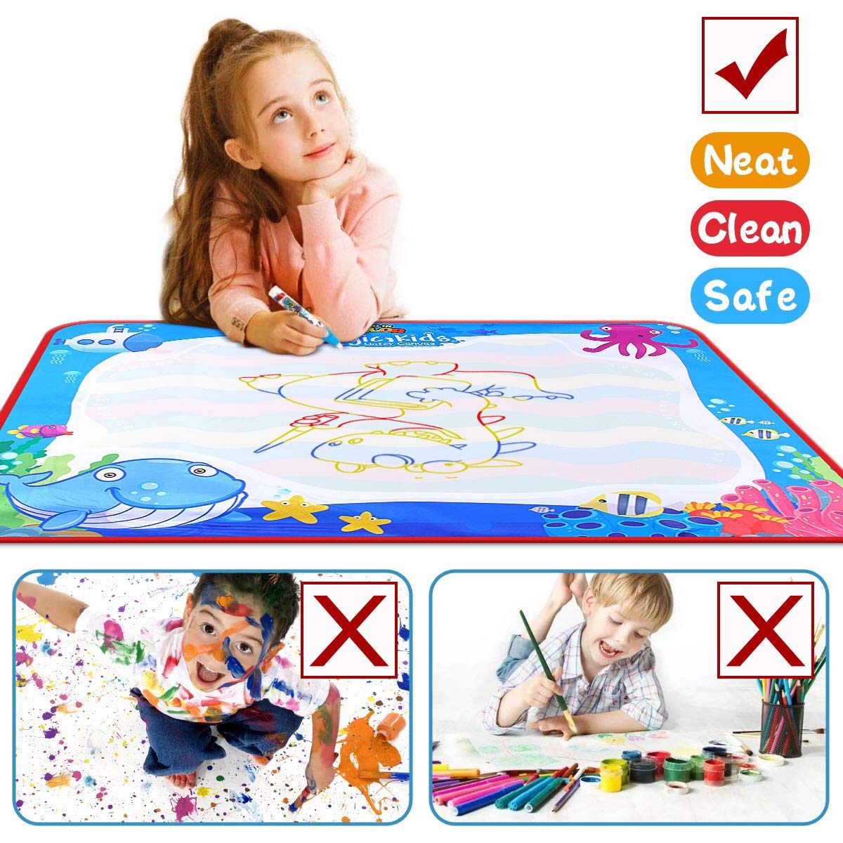 Lot-Yes Magic Doodle Mat Educational Water Drawing Mat Toy Painting Board for Kids Gifts Developmental Toys Coloring Water Magic Mats Scribble Board Pad Painting Markers for Boys Girls (Ocean)
