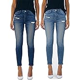 PerZeal Women's Mid Waisted Jeans Trendy Distressed Stretch Ripped Denim Pants (Pack of 2)