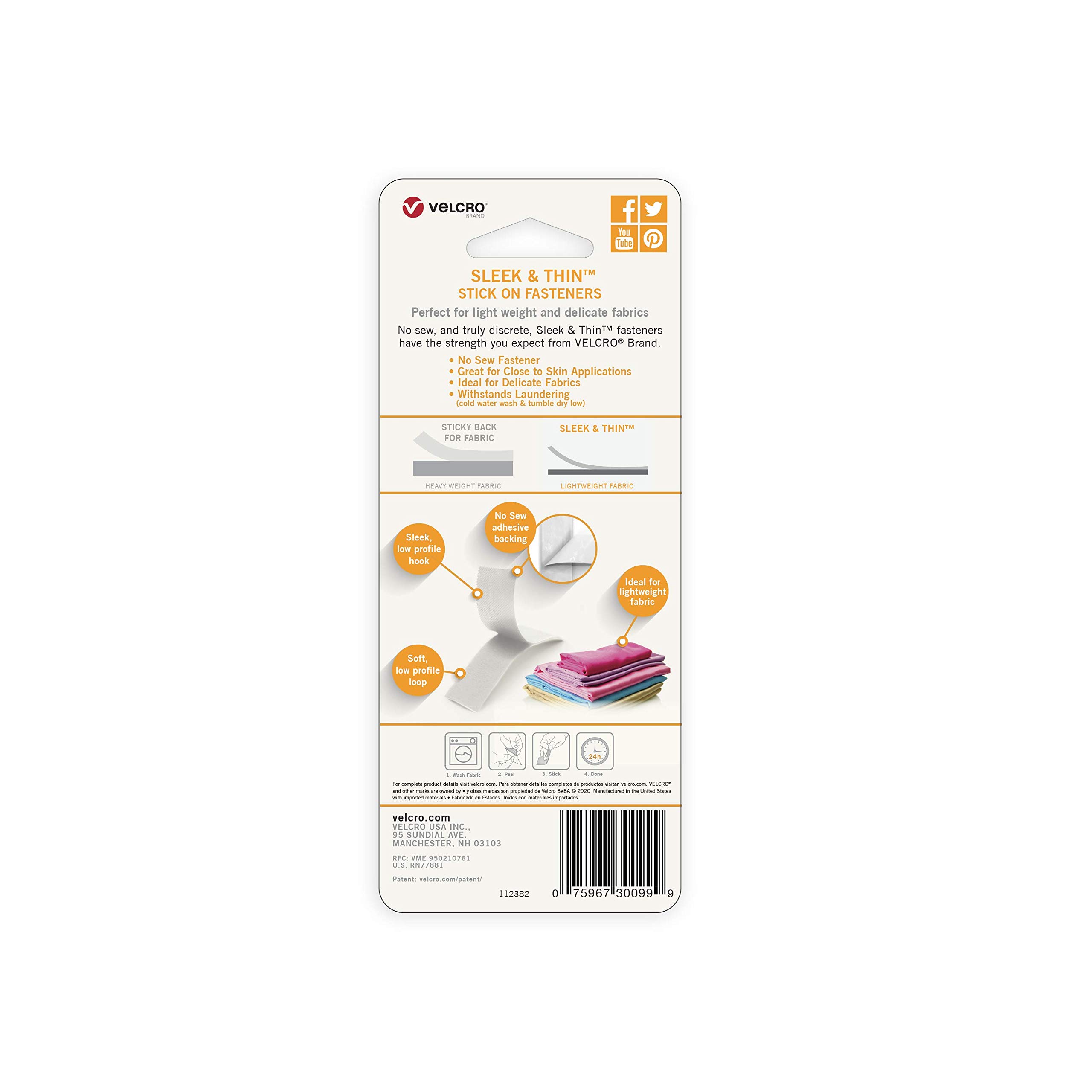 VELCRO Brand Sleek and Thin Stick On Tape for Fabrics | 24in x 3/4in, White| Soft on Skin Ultra Light | Adhesive Back No Sewing Needed