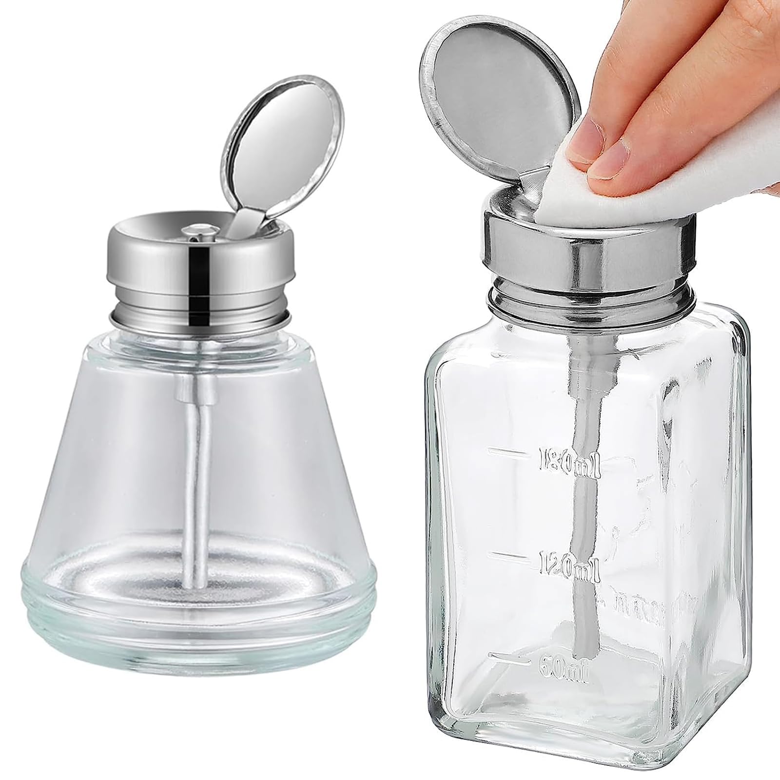 Photo 1 of 2 Pcs 6 Oz/ 180 ml Clear Pump Dispenser Bottle with Metal Flip Cover Glass Nail Polish Remover Push Down Dispenser Bottle Refillable Push Down Pump Dispenser Press Container for Makeup Remover