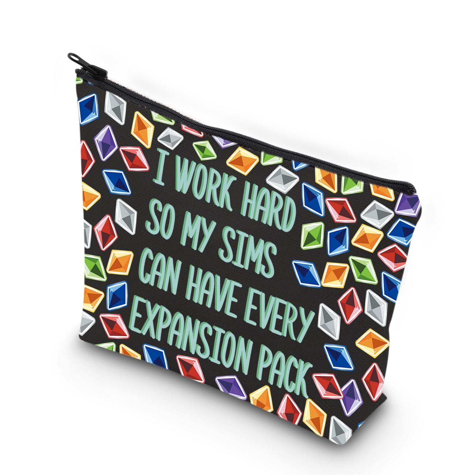 KUIYAI Video Game Gift Sim Game Gift Funny Gaming Zipper Pouch Sims 4 Plumbob Pattern Makeup Bag for Gamer (i Work Hard)