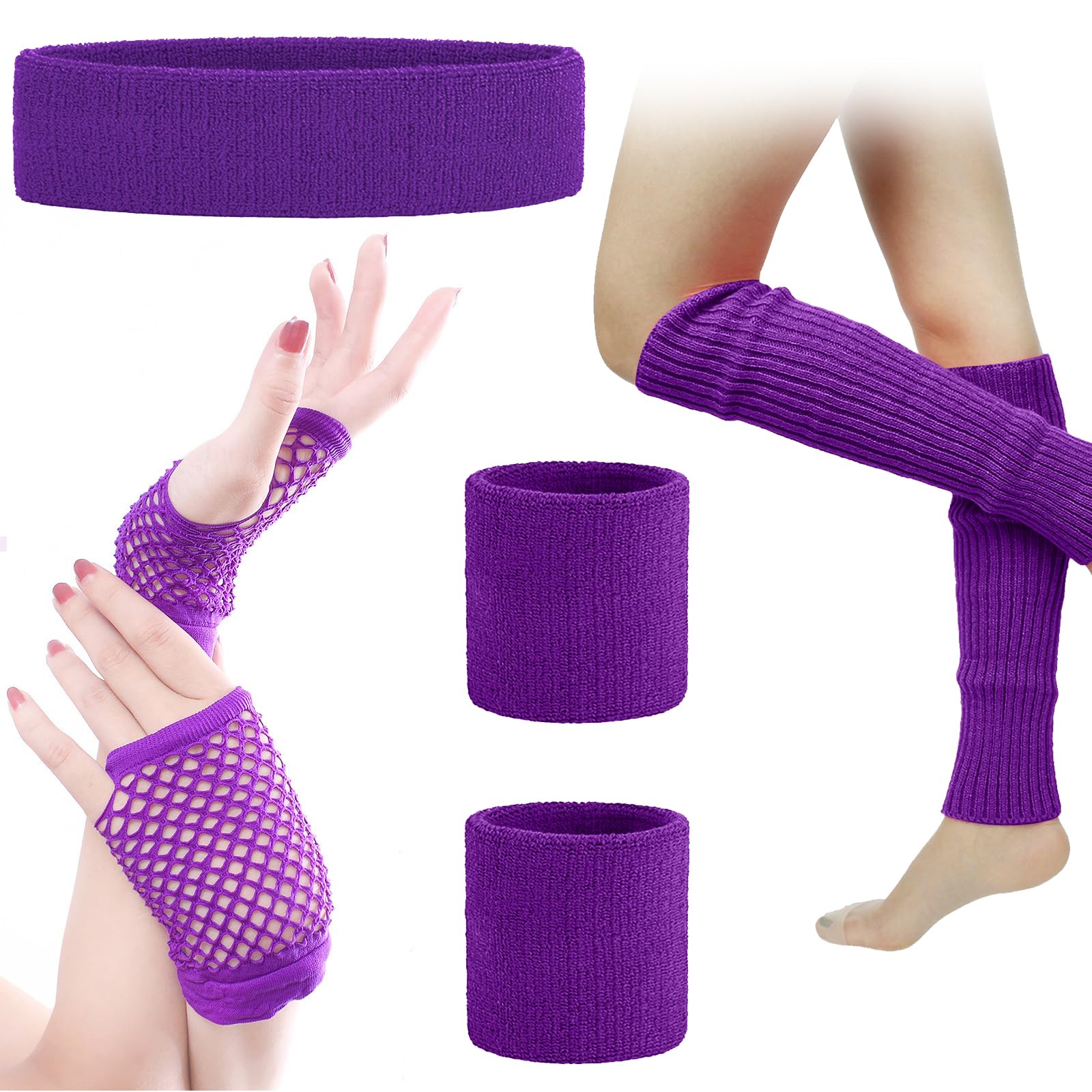 SPOKKI Leg Warmers Fishnet Gloves Headband Wristbands Neon Set, 80s Women Fancy Dress Costume Accessories, 1980s Retro Theme Party Costumes (Purple)
