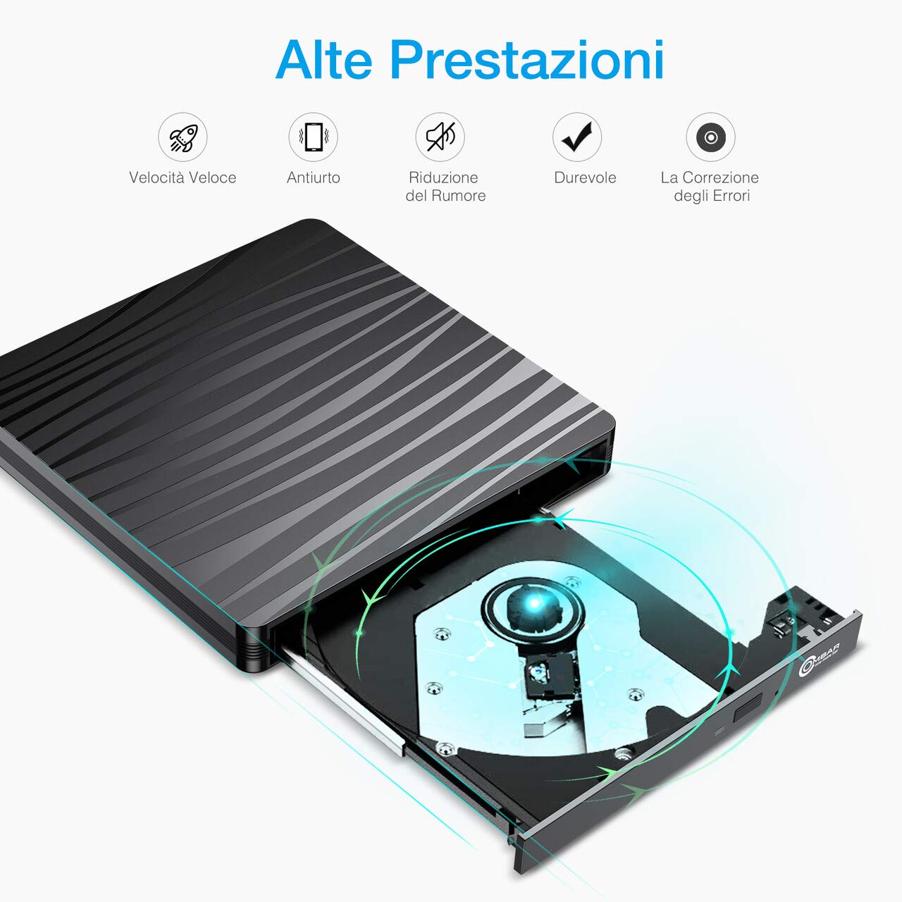 OMBAR Unità Ottica Esterna CD DVD , USB 3.0 e Tipo-C Dual Port Adatto per Laptop, Desktop, Mac, Macbook, IOS, Windows 10/8.1/7 e Linux, Nero