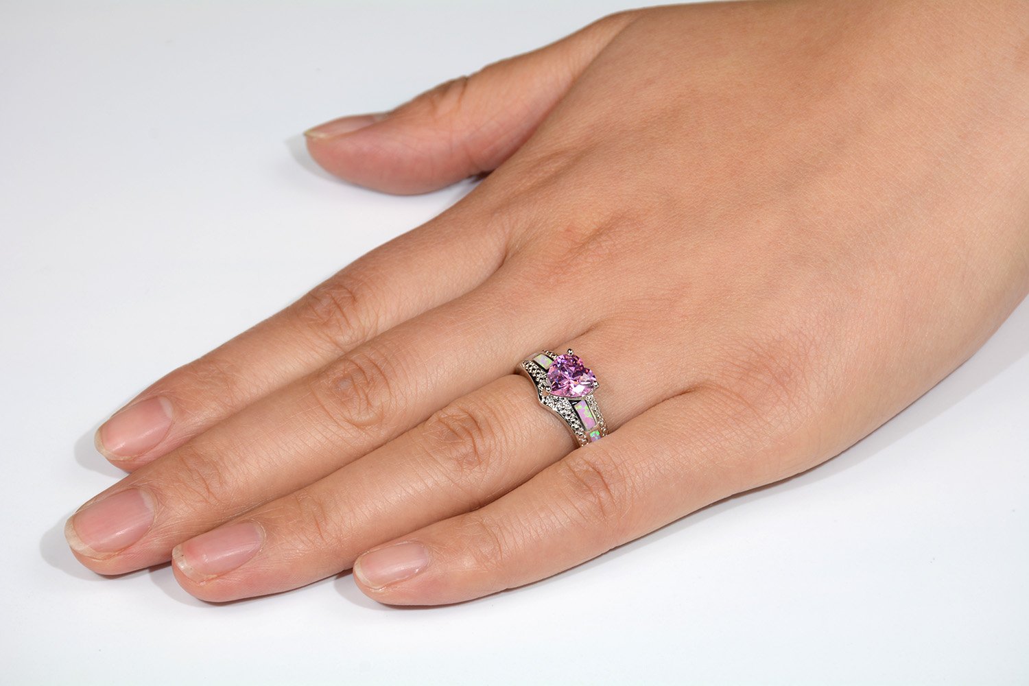 LAVUMO Pink Opal Cute Heart Cubic Zirconia Women Eternity Promise Engagement Rings for Her Gift Band White Gold Plated (7)