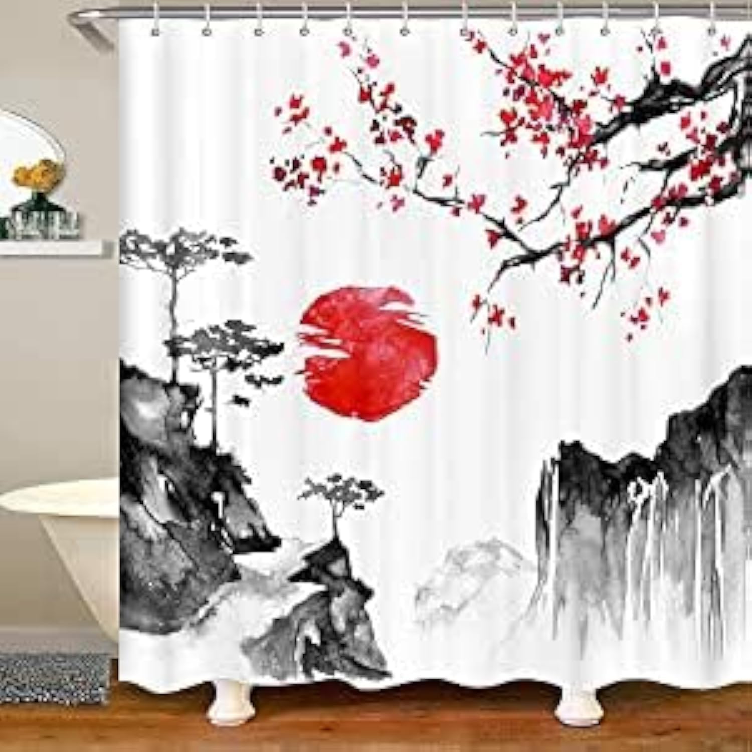 Loussiesd Japanese Ukiyoe Shower Curtain Cherry Blossoms Curtain Decor Exotic Style Bathroom Shower Curtain Set Red Sun Kids Adults Bathroom Accessories 180X210cm