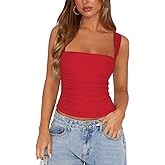 Womens Square Neck Tank Top Mesh Side Ruched Double Lined Y2k Trendy Going Out Tops Summer Basics Clothes