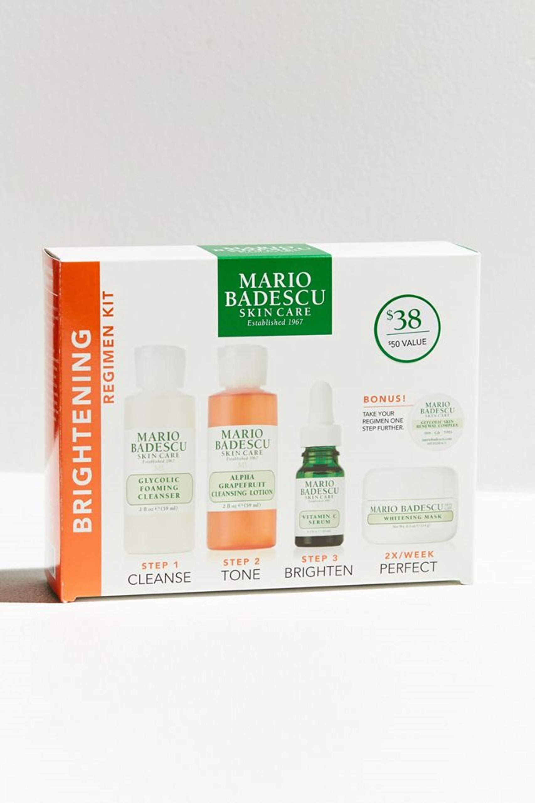 Mario Badescu The Brightening Kit, 5 Piece Kit With Glycolic Foaming Cleanser, Alpha Grapefruit Cleansing Lotion, Vitamin C Serum, Whitening Mask & Glycolic Skin Renewal Complex