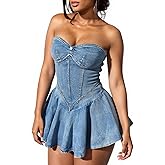 SHINFY Womens Summer Denim Dress Sexy Off Shoulder Strapless Bustier Corset Tube Pleated Mini Jean Dresses