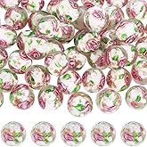 PONABEADIY 1 Box 60PCS 10MM Rose Lampwork Flower Glass Beads with Hole Round Gold Sand Floral Flowers Handmade Loose Spacer Bead Bulk for Jewelry Making Necklaces Bracelets Earrings DIY Crafts Supply