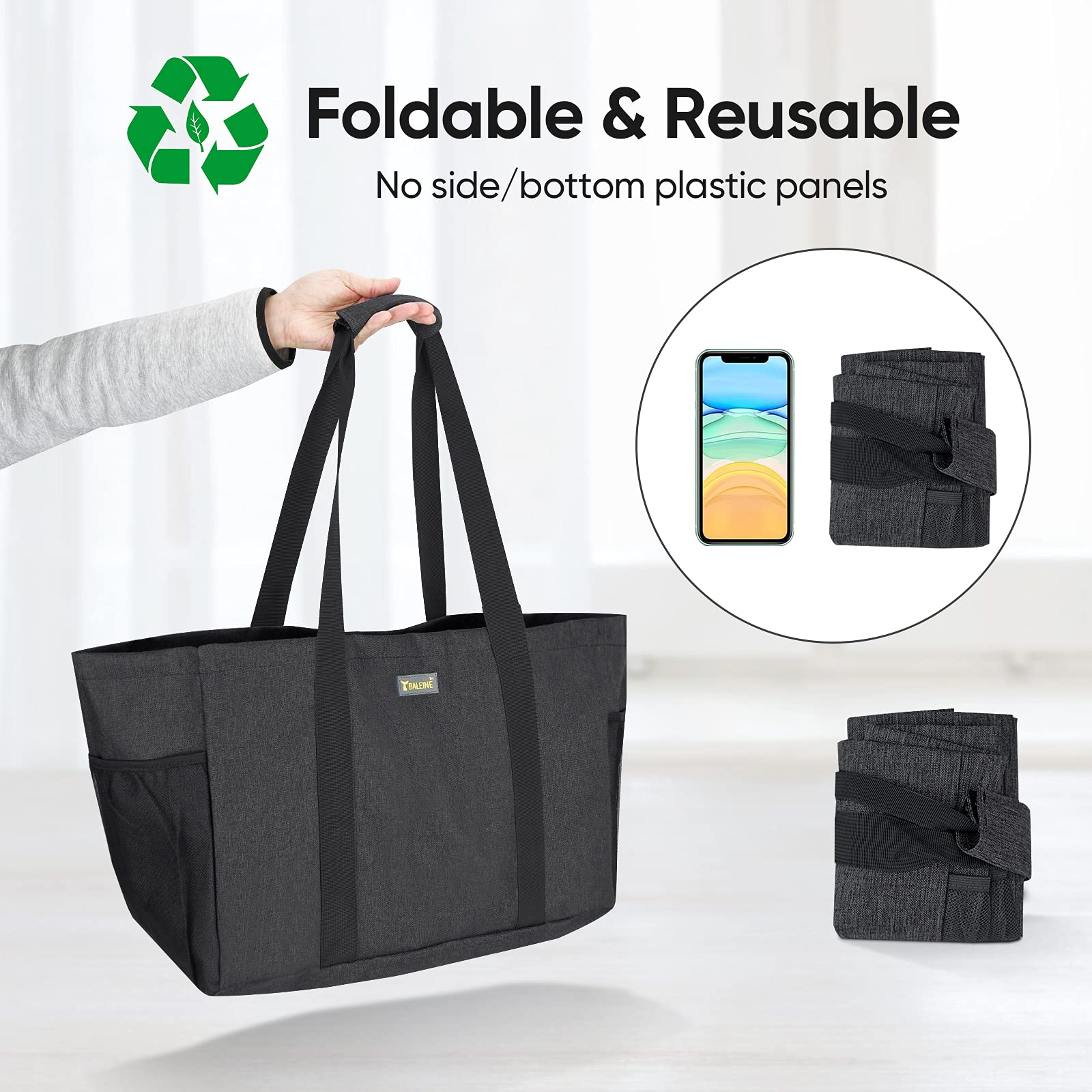 BALEINE Soft 9 Gallon Extra Large Utility Tote, Foldable Reusable Storage Bag (Charcoal Black)