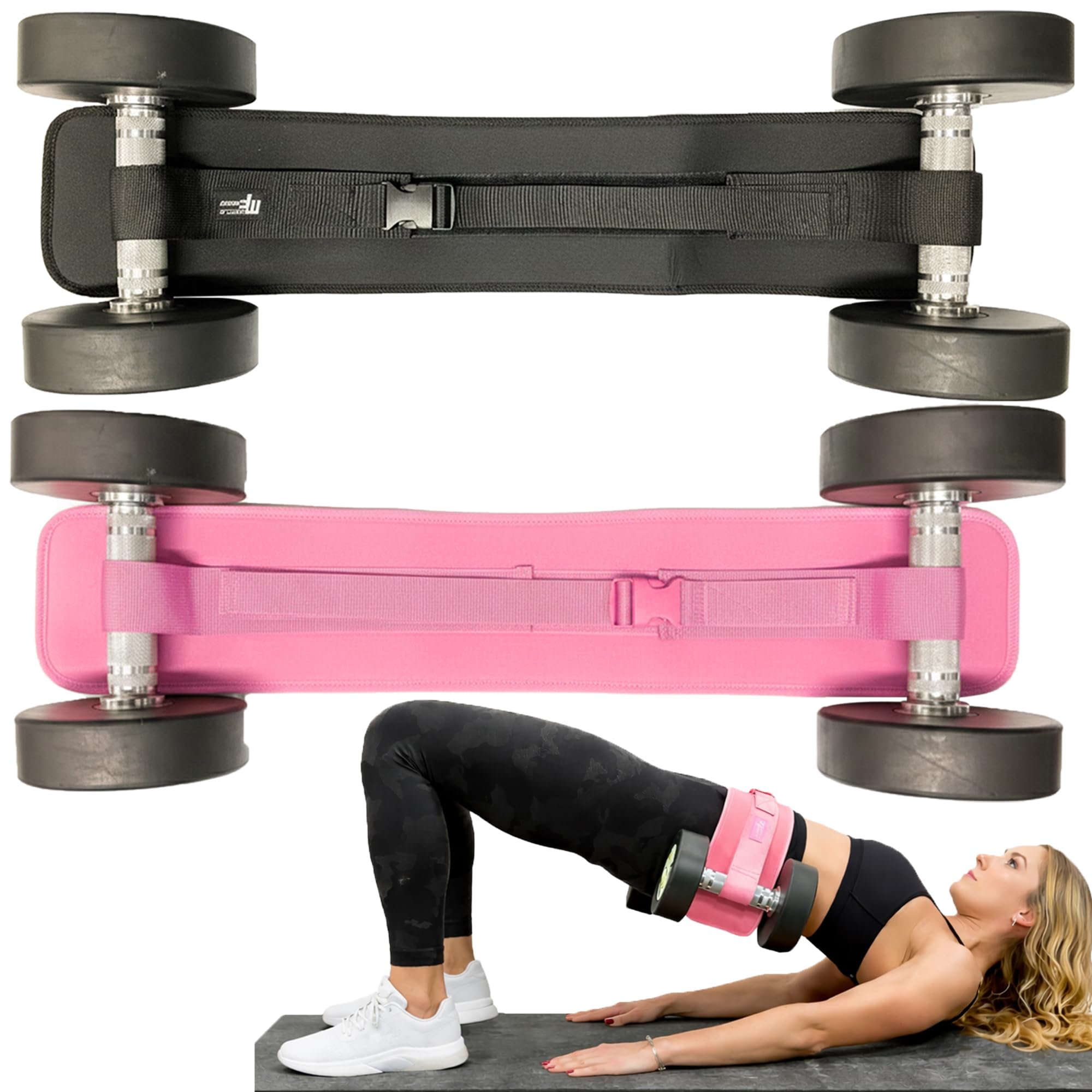 MuscleForge Hip Thrust Belt for Dumbbells 30kg per Side, Booty Belt for Glute Bridge & Hip Exercises, Adjustable Hook-and-Loop Design for Stable Load Attachment, Black/Pink for Men and Women