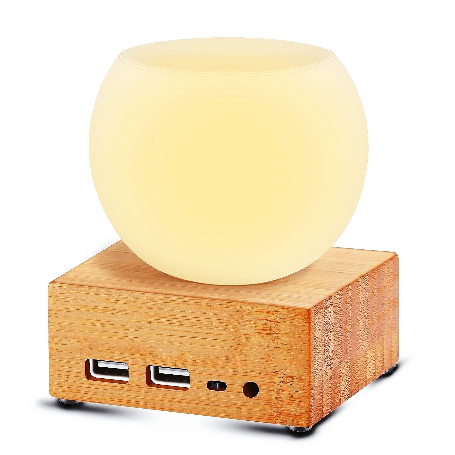 Small Smart Led Table Lamp,Dual USB Charging Port,Bamboo Base with White Glass Shade,Dimmable