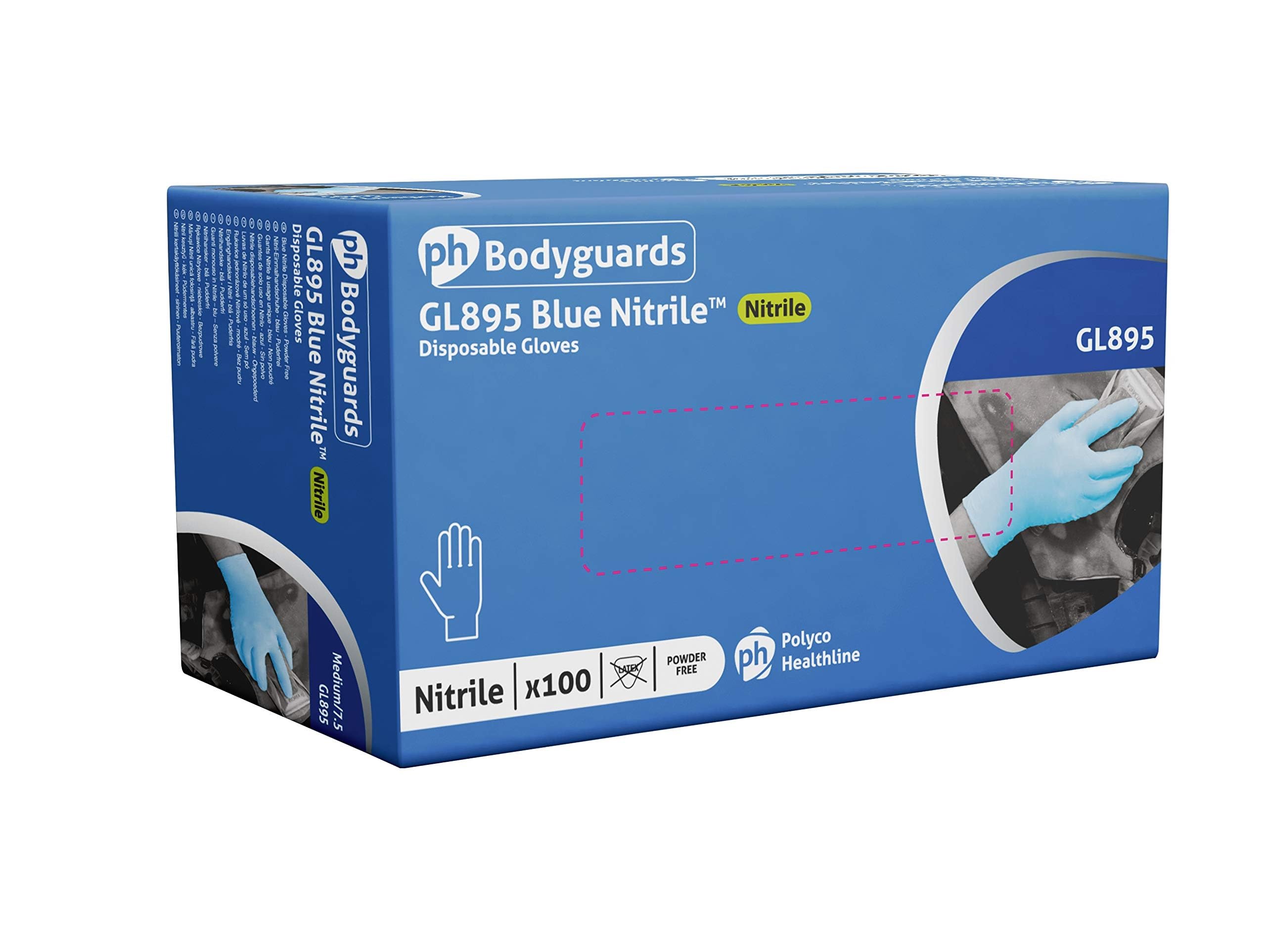 Bodyguard GL8952 Powder Free Nitrile Disposable Glove, Blue, Medium, Pack of 100