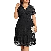 Women's Wedding Guest Plus Size Semi Formal Cocktail Lace Wrap V Neck Short Sleeve Knee Length Dress