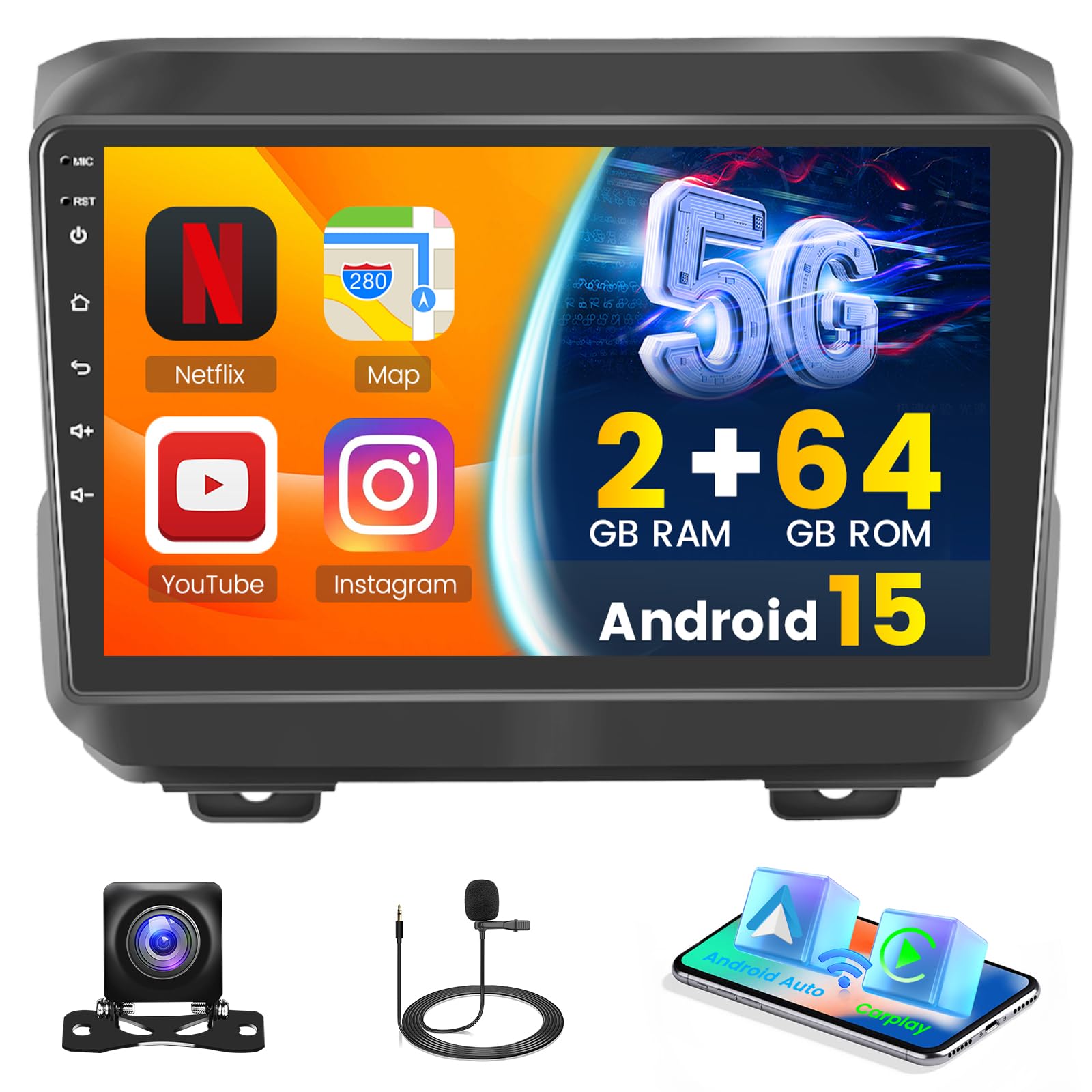 Photo 1 of [4Core 64G] Android 15 Car Stereo for Jeep Wrangler JL 2018-2021/ Jeep Gladiator JT 2020-2021, Hikity 9" Touchscreen Car Radio Wireless Carplay Android Auto GPS/WiFi/Bluetooth SWC Backup Cam FM