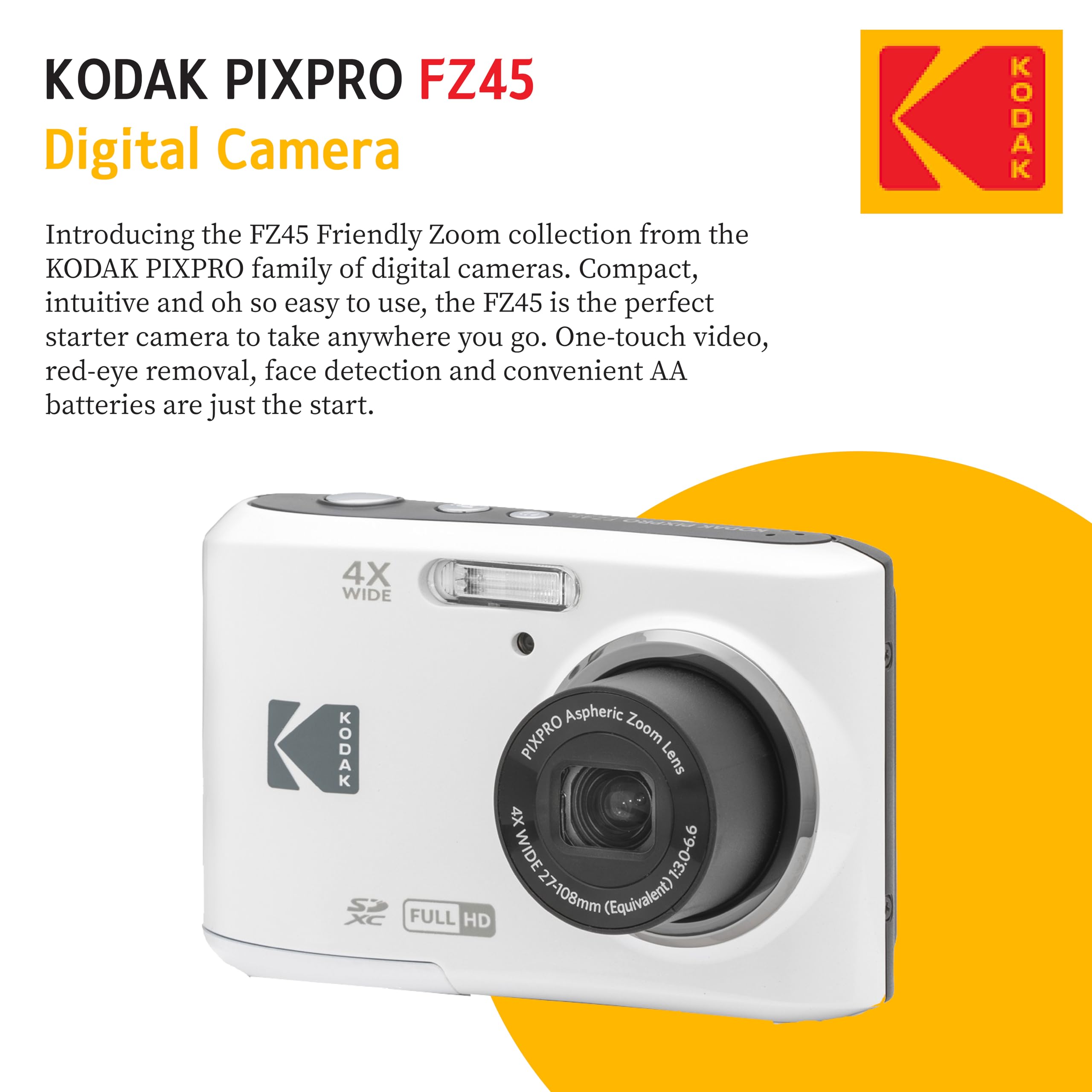 KODAK PIXPRO FZ45 16MP Digital Camera with 4X Optical Zoom 27mm Wide Angle and 2.7