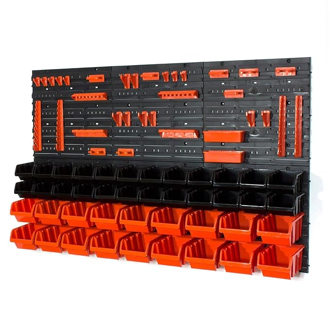 24 black S size and 18 orange M size storage bins with wall mounted