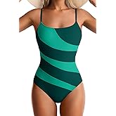 EVOCRCO Women's One Piece Swimsuits Tummy Control Color Block Bathing Suit Square Neck Swim Suit Slimming Swimwear