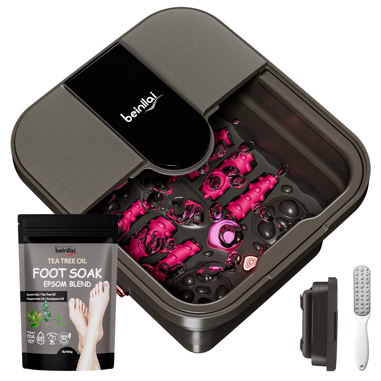 Beinilai Collapsible Foot Spa Bath with Heat,Bubble,Massage Rollers, Tea Tree Oil Foot Soak with Epsom Salt, Pedicure Foot File, Red Light,Removable Pumice Stone,Pedicure Foot Spa