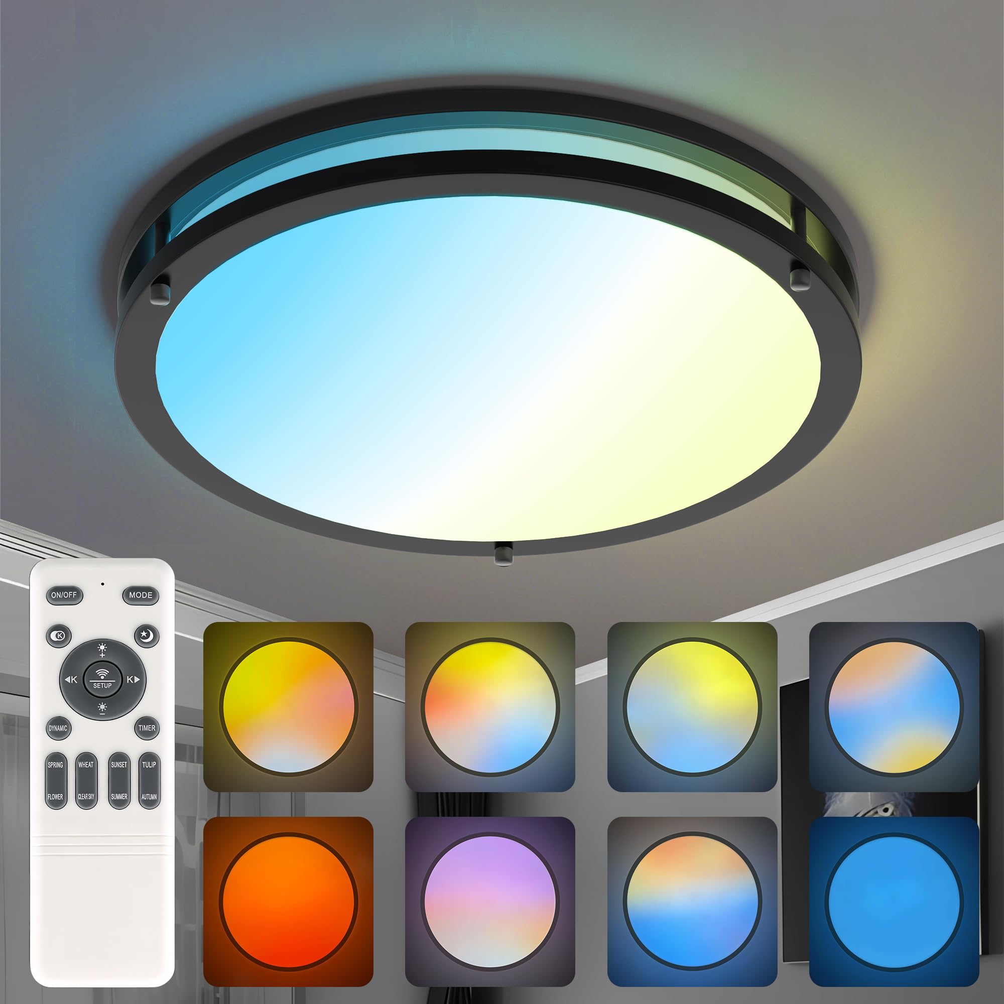 Kalium Ceiling Lights Flush Mount with Remote: LED Black Ceiling Lighting 8 Modes Dimmable Color, Adjustable Temperature for Bedroom, Living Room, Kitchen (16 Inch) Image