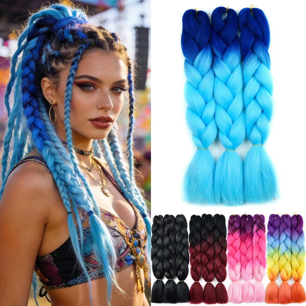 Yamel Ombre Braiding Hair Kanekalon Braiding Hair Synthetic Hair Extensions for Braiding Crochet Twist Box Braids 24 Inch 2 Tone Ombre Blue 3 Packs — image 1