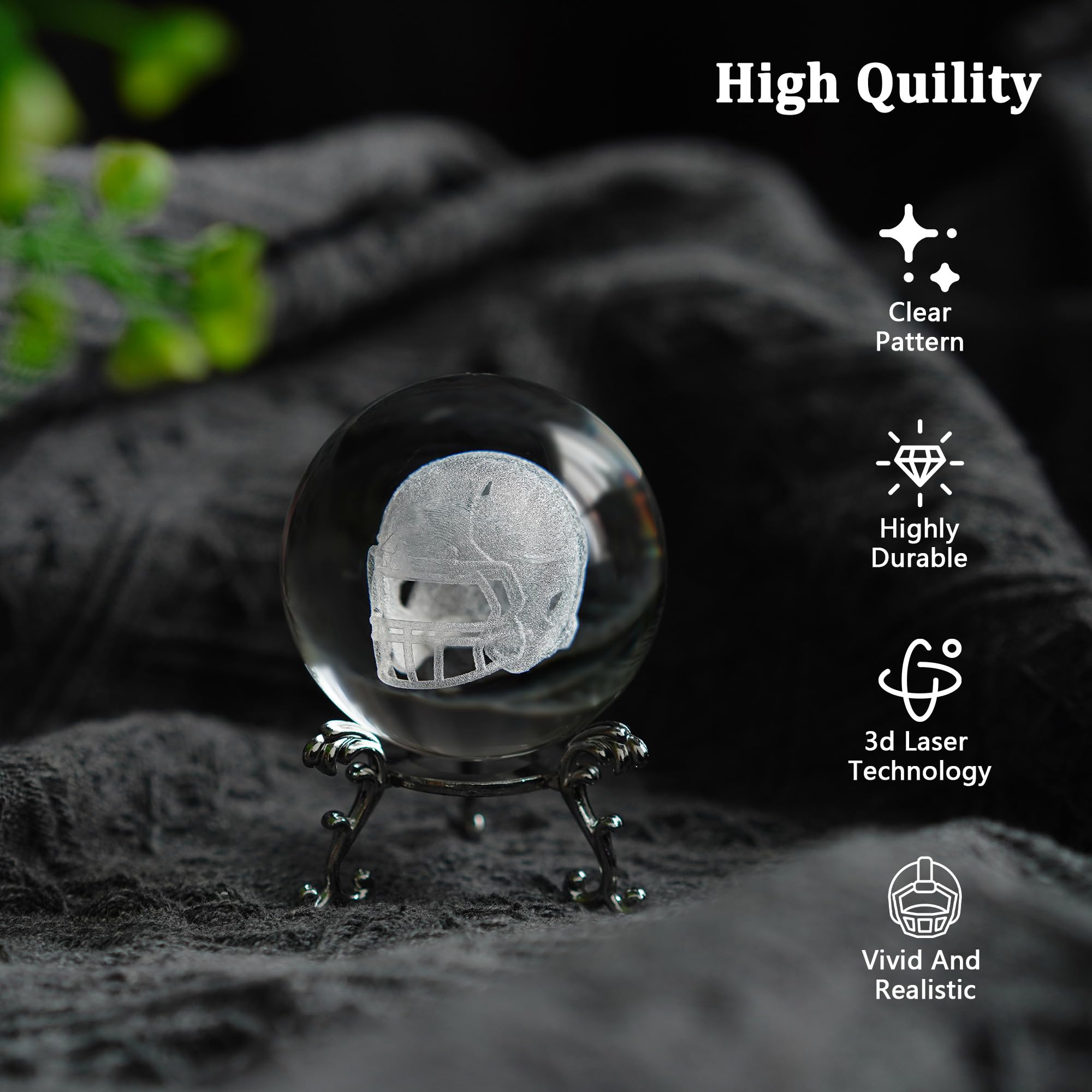 HDCRYSTALGIFTS 3D Laser Engraved Crystal Ball Paperweight with Silver-Plated Flowering Stand Handmade Decorative Ball Glass Full Sphere Home Decor Gift (2.36inch,Rugby Helmet)