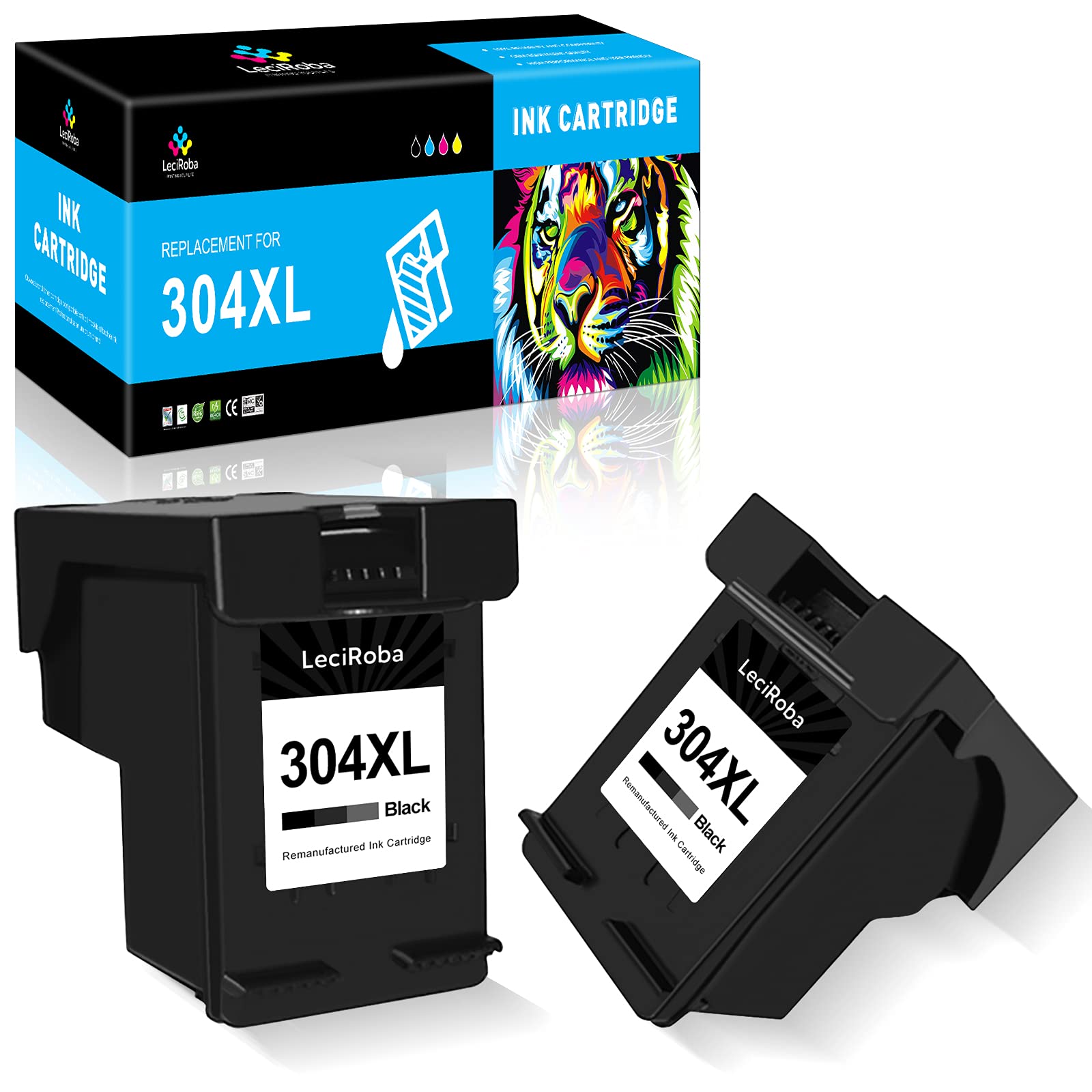 LeciRoba 304XL for Hp 304 Black Ink Cartridge and Hp 304xl Black Ink Cartridges for HP AMP 130 DeskJet 2600 2620 2622 2630 2632 3720 3730 3750 3760 3762 ENVY 5010 5020 5030 5032 5050 5055 (2-Black)