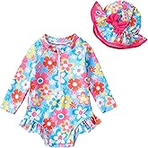 Infant Baby Girl Swimsuit One-Piece Long Sleeve Rash Guard with Hat Set Floral Zipper Bathing Suit Leopard Beach Wear