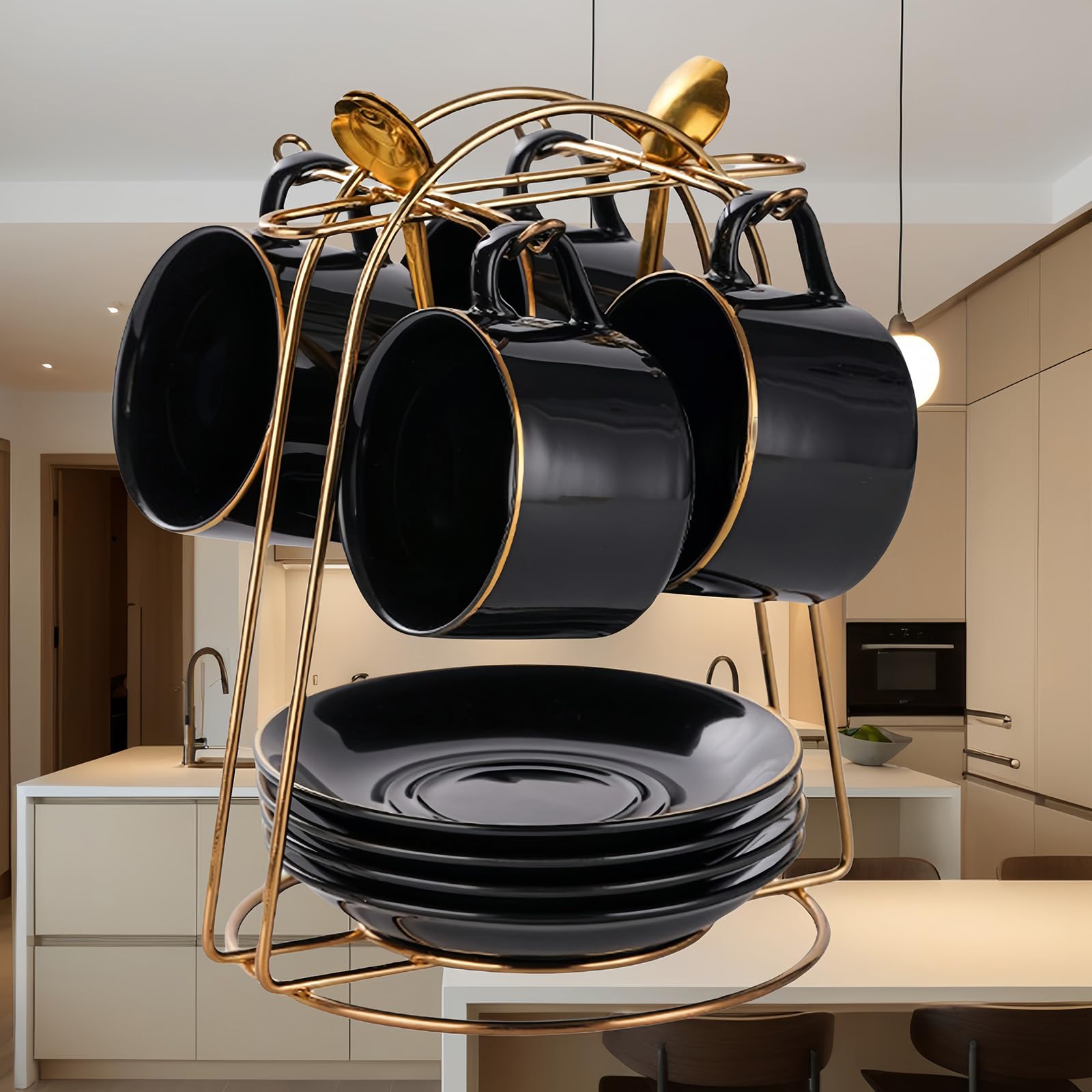 HSTWODE - Cups & Saucers of 4 (150ml) Luxury Tea Cup Set with Gold Trim, Coffee Cup with Handle, British Royal Porcelain Mugs - White, Blue, Black (Glossy Black)