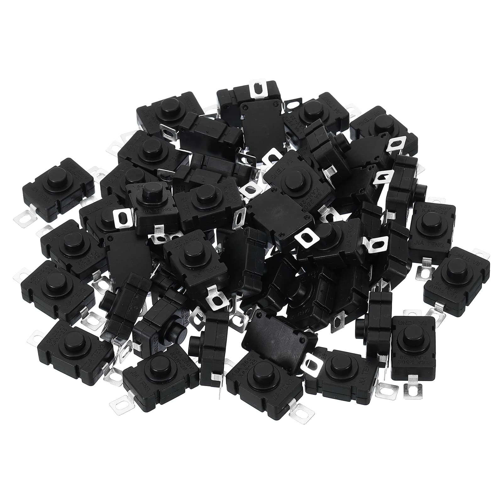 PATIKIL Latching Push Button Switch, 50 Pcs KAN-28 Flat Pin with Hole On/Off Self-lock AC 250V 1.5A Micro Switch for Flashlight Light Wall Outlet, Black