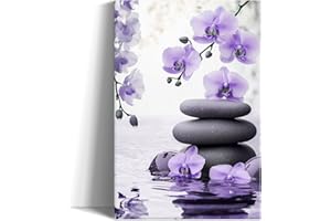 Zen Wall Art Bathroom Wall Decor Purple Orchid and Zen Stones on Water Canvas Prints Spa Meditation Artwork for Yoga Zen Room