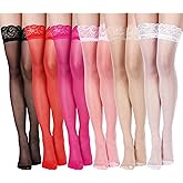 Geyoga 6 Pairs Women's Lace Thigh High Stockings over The Knee Stockings for Women Sheer Thigh High with Lace Top