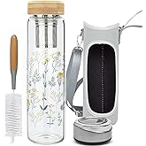 Reeho 32oz Borosilicate Glass Water Bottle with Tea Infuser, Tea Tumbler with Strainer, Reusable Travel Mug with Sleeve & 2 Lids, for Hot or Cold Drinks