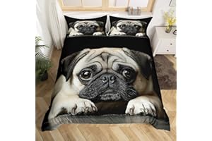 Erosebridal 3D Animal Theme Bedding Set Queen Size Black Dog Duvet Cover Set Cute Pug Dog Printed Comforter Cover for Kids Te
