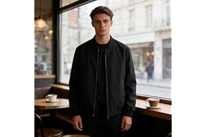 Bomber Jacket for Men Casual Full Zip Ribbed Collar Cuff Hem Lightweight Outerwear Smooth Fabric Side Pockets Relaxed Fit