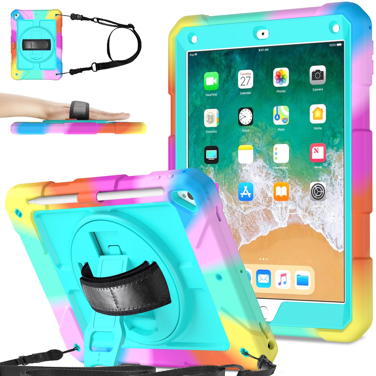 SINSO Case for iPad 9.7 inch 6th/5th Generation 2018/2017, Air 2/Pro2016, Heavy Duty Shockproof iPad Cover with 360° Rotating Hand Strap & Stand/Pencil Holder/Carrying Strap, Turquoise