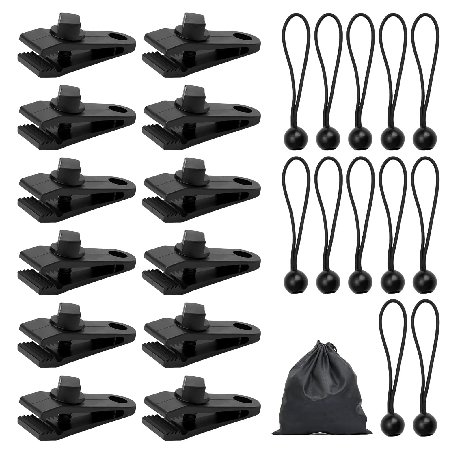 12 Pcs Tarpaulin Clips Sets Tarp Clips Heavy Duty With 12 Pcs Ball Bungee Cords and Storage Bag, Multifunctional Awning Clip for Fixing Tarps, Awnings, Outdoor Camping, Caravan Canopies