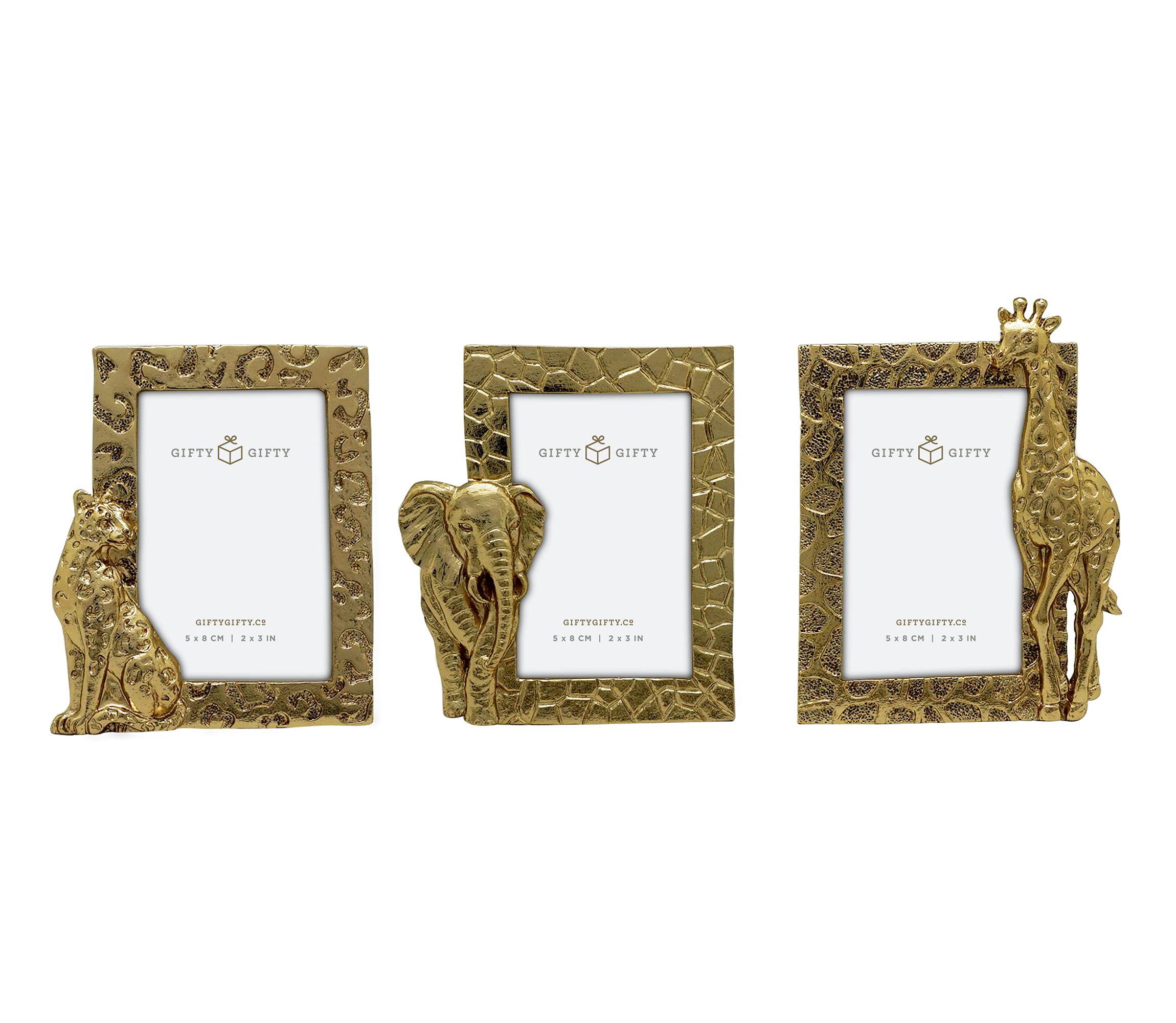 GIFTY GIFTY Safari Animals Mini Frame Set/Set of 3 / 2x3 In | For Tabletop Display | Perfect for Home Decor, Wedding, Graduation, Or Milestone Photos (Gold)