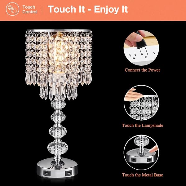 ACAXIN CRYSTAL TABLE LAMPS FOR BEDROOM NIGHTSTAND – TOUCH BEDSIDE LAMPS WITH TWO USB CHARGING PORTS SILVER, 3 WAY DIMMABLE SMALL GLAM LAMP FOR GIRLS, NIGHT STAND LAMP FOR LIVING ROOM