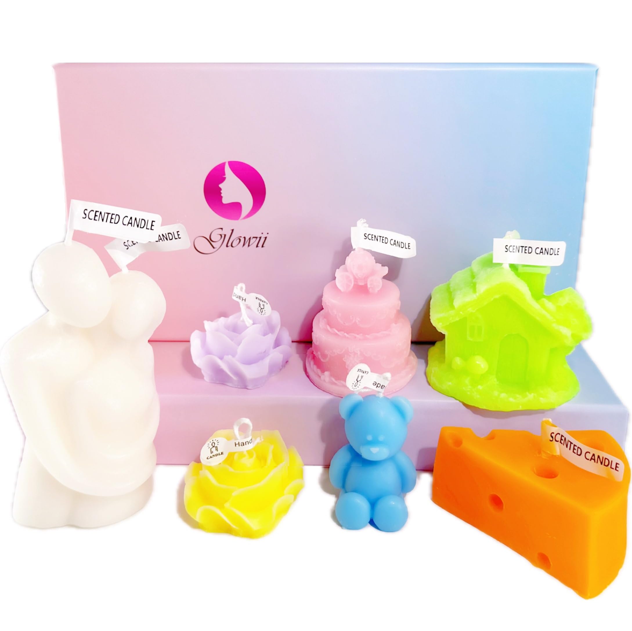 7 Unique Fragranced Candle Hamper Boxed Gift Set in Fun Shapes: Love Hug Couple, Rose, Cake, Fairytale House, Cheese and Cute Bear