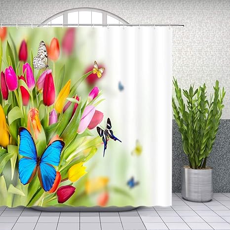 Tulip Flower Butterfly Shower Curtain Beautiful Floral Spring