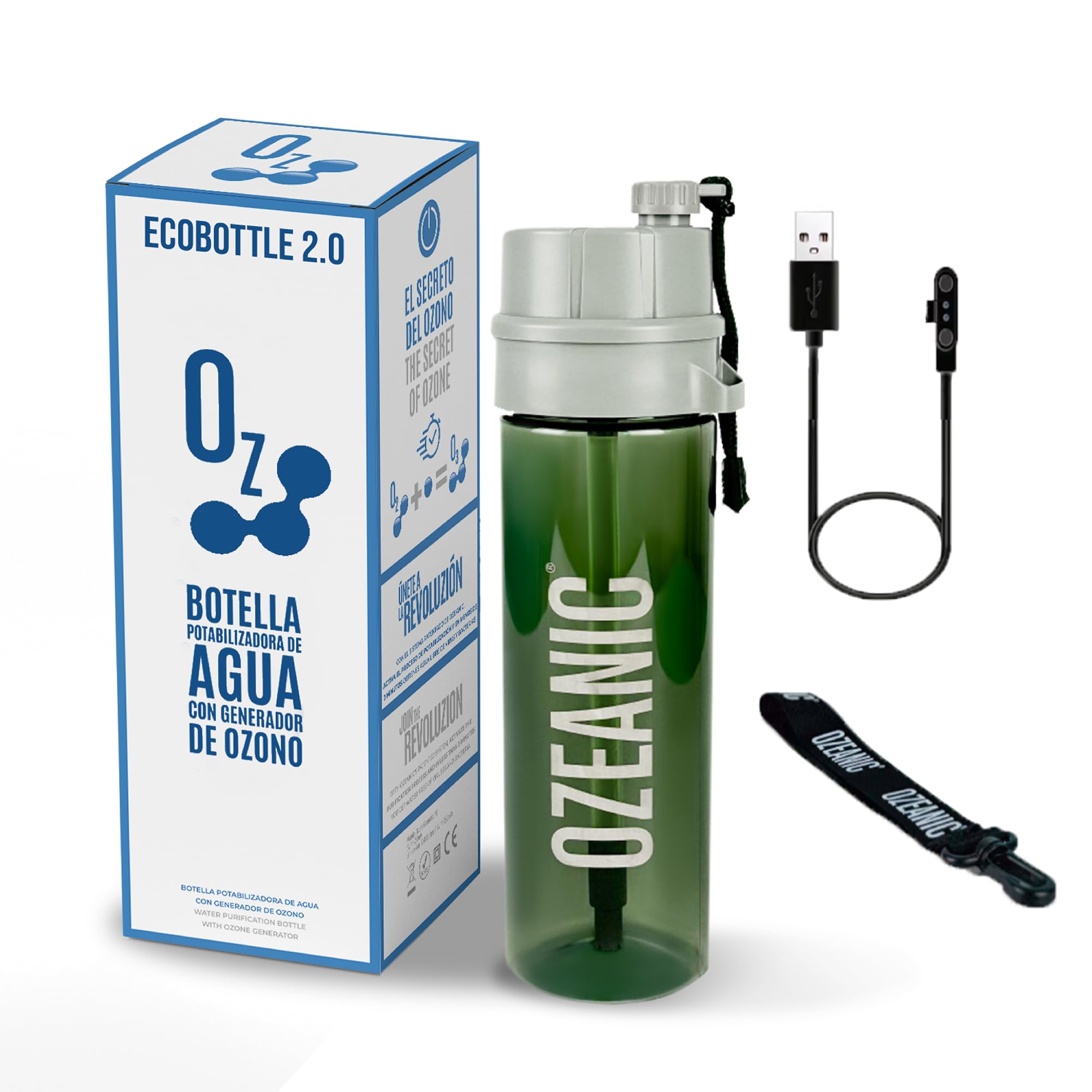 OZEANIC - Potabilizing bottle 600 ml | Use Ozone | Removes viruses and bacteria | Removes chlorine | Alternative to UV rays, filters or tablets | No refills required | Black